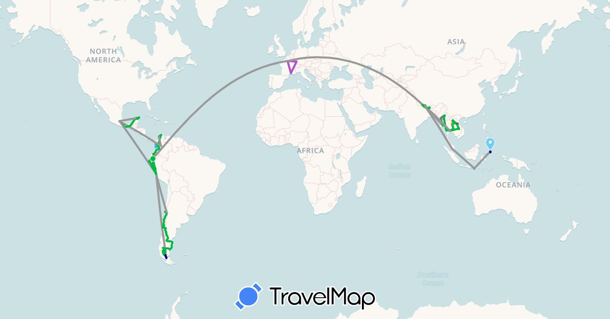 TravelMap itinerary: driving, bus, plane, train, hiking, boat, hitchhiking, motorbike in Argentina, Chile, Colombia, Ecuador, France, Indonesia, Laos, Myanmar (Burma), Mexico, Malaysia, Nepal, Peru, Thailand (Asia, Europe, North America, South America)